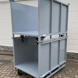 stackable trolley with sides, metal sheet platform and skids