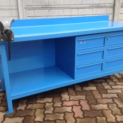 work-bench with chests of drawers and vice