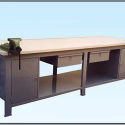 work-bench with plywood platform drawers lockers and vise