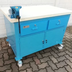 work-bench with plywood platform wheels drawers lockers and vise