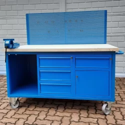 work-bench with wooden platform tool panel wheels handle vice drawers lockers